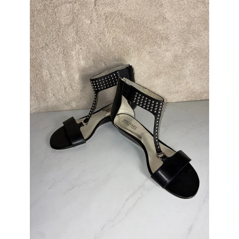 Michael Kors Black Studded T-Strap Wedge Sandals - 8.5 - Leather Edgy Glam Chic